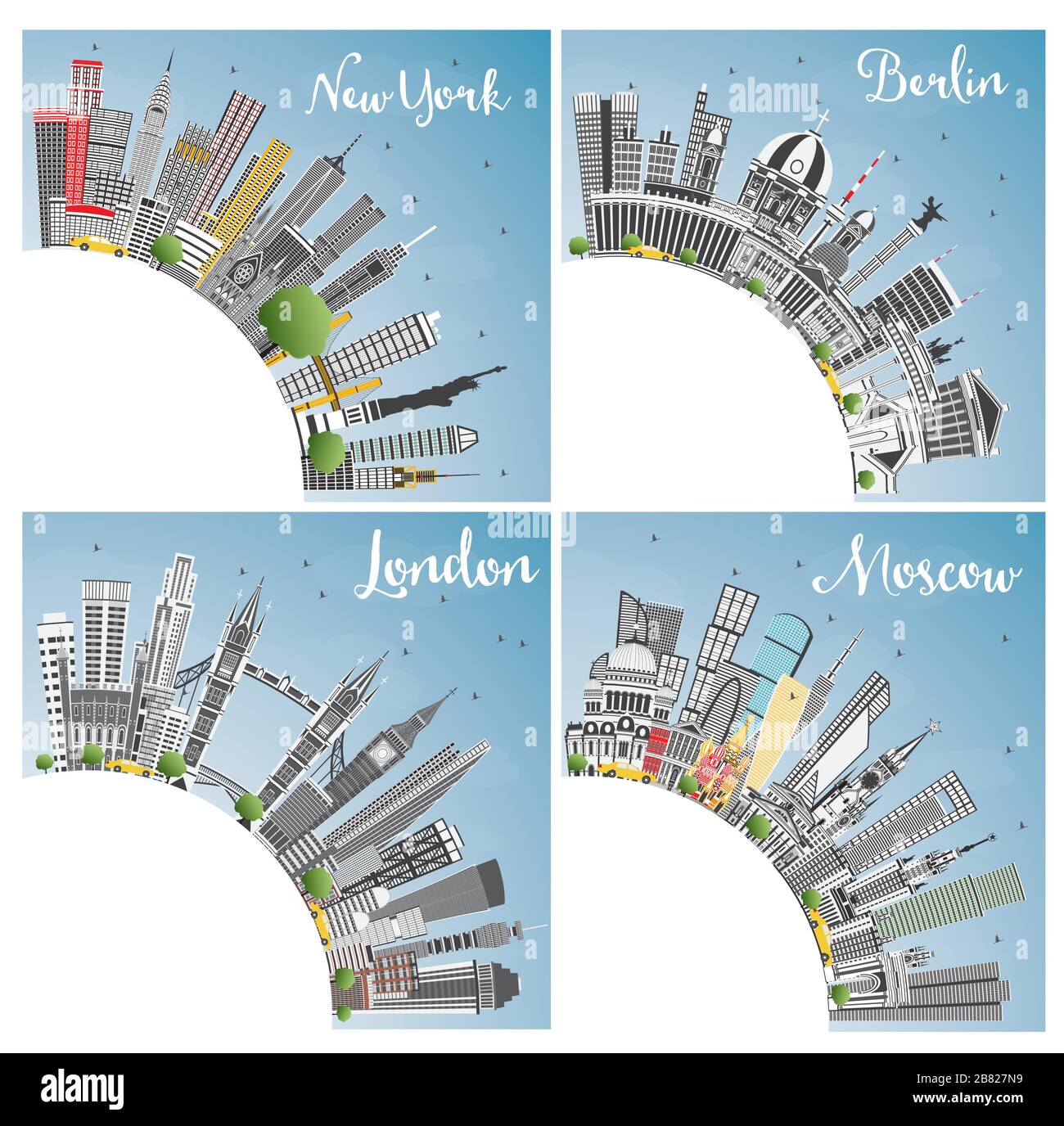 Skyline di Londra, Berlino, Mosca e New York City con grattacieli grigi, Blue Sky e Copy Space. Illustrazione Vettoriale