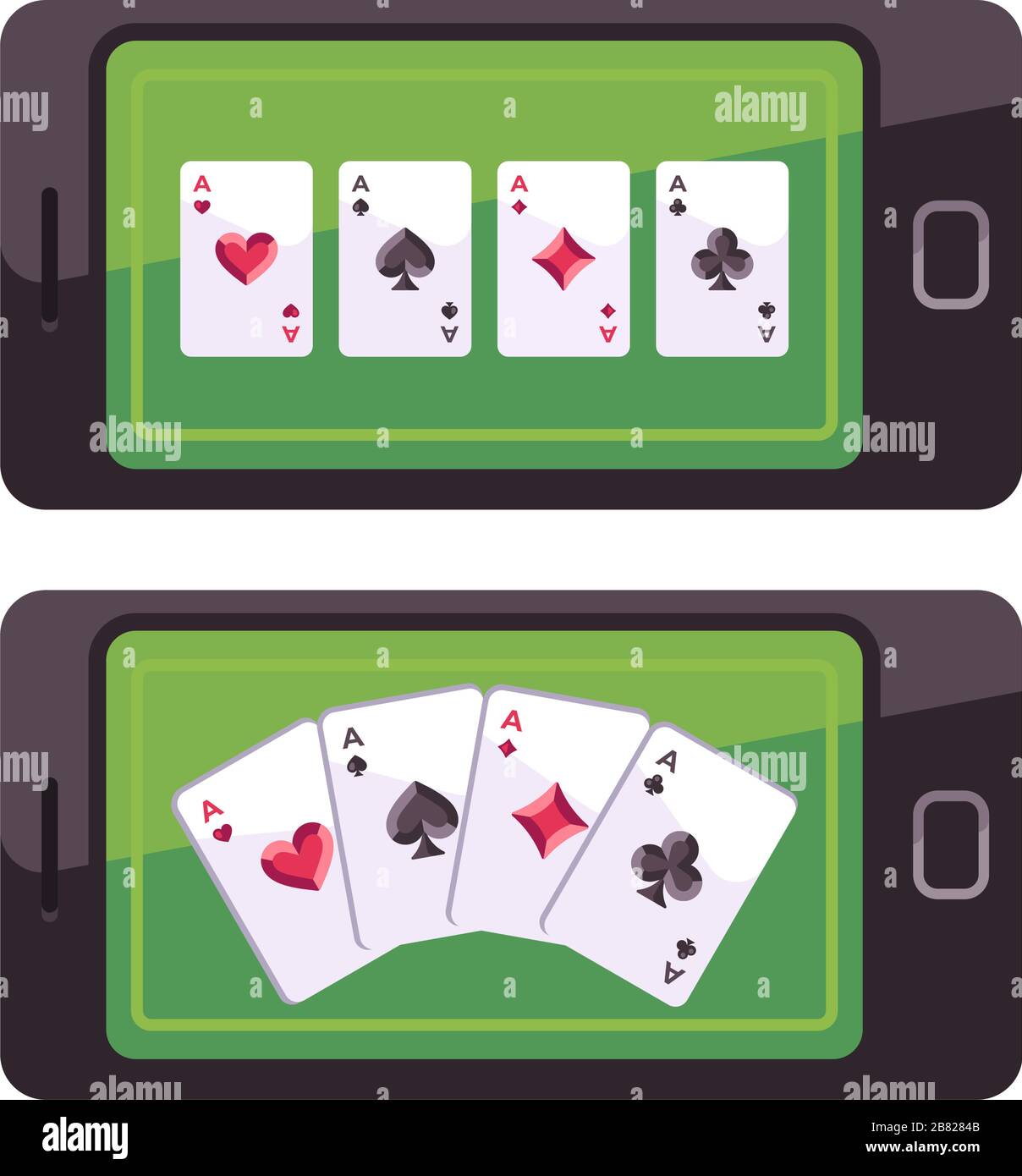 Carte da gioco sullo schermo dello smartphone. Concetto di poker online Illustrazione Vettoriale