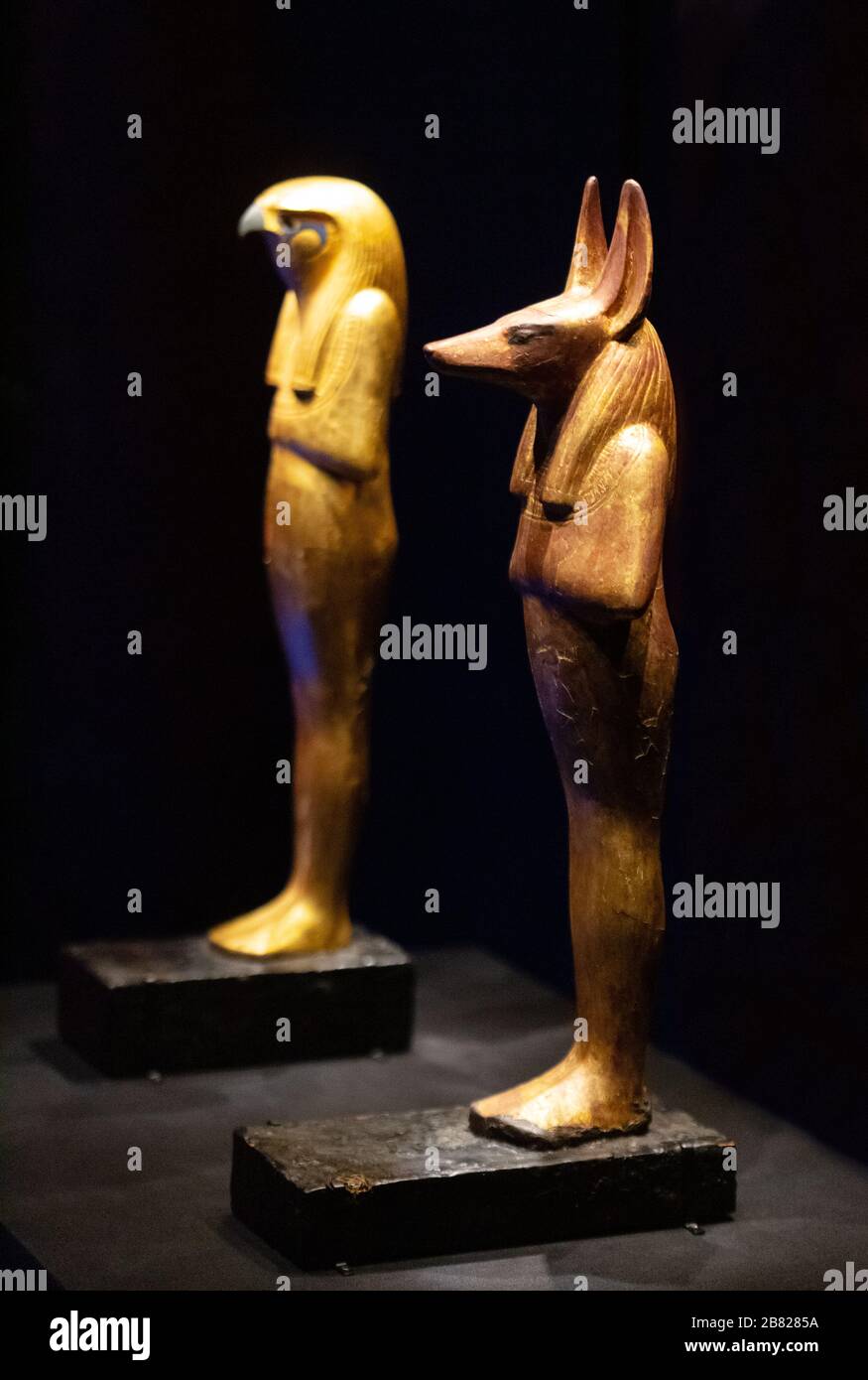 Tesori della tomba di Tutankhamuns - piccole statue di Herwer (Horus il Vecchio) e Duamutef, uno dei figli di Horus, dei egiziani dell'antico Egitto Foto Stock