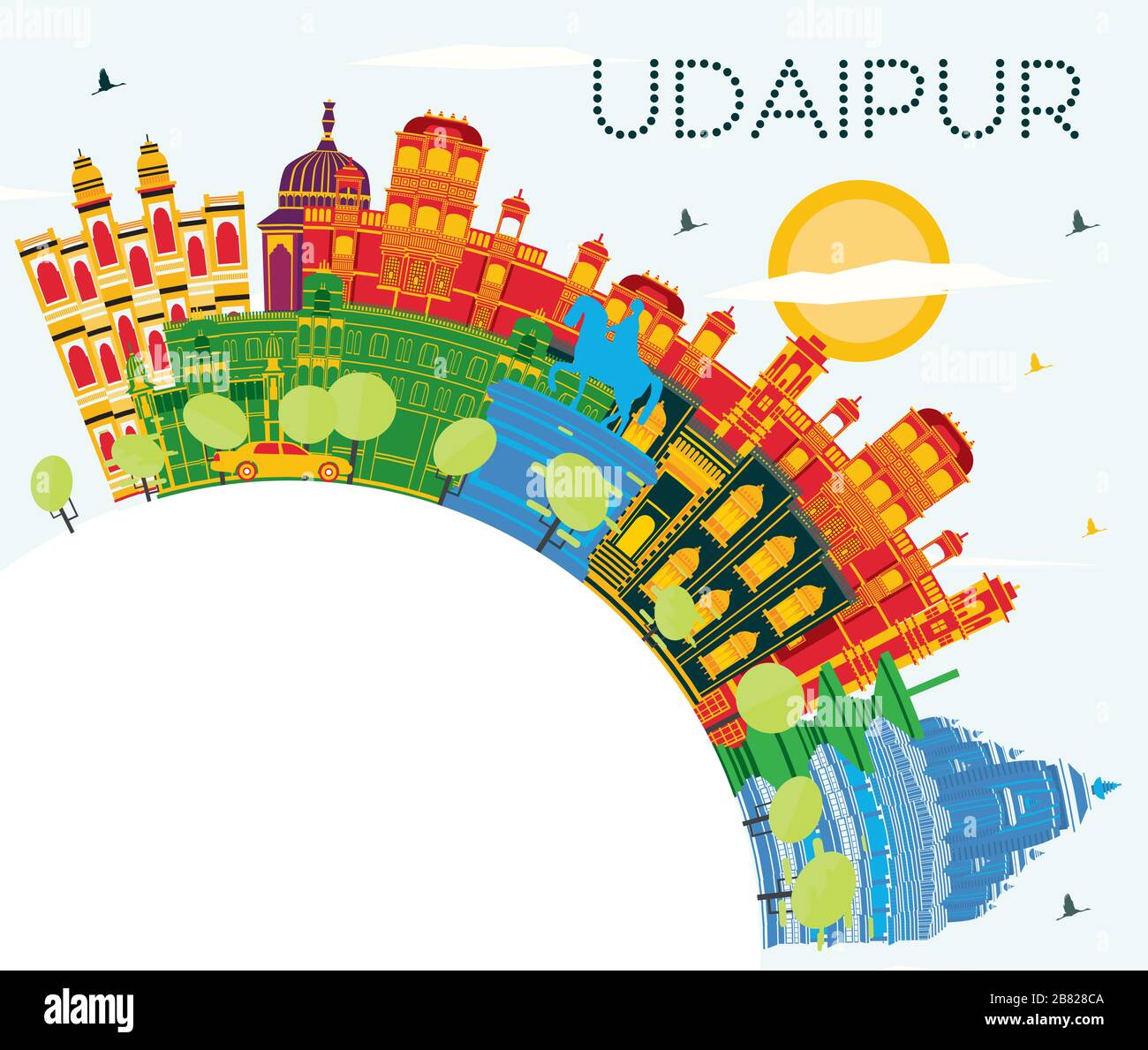 Udaipur India skyline della città con edifici di colore, il blu del cielo e spazio di copia. Illustrazione Vettoriale. Illustrazione Vettoriale