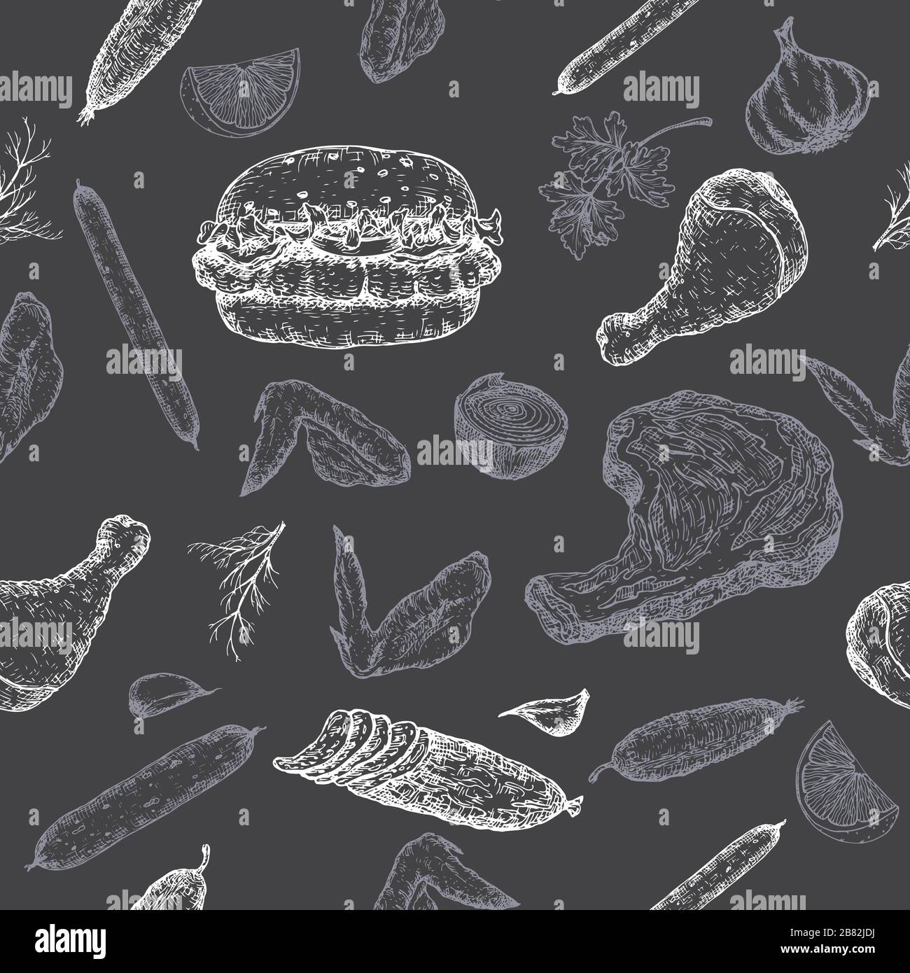 Prodotti a base di carne modello senza cuciture su nero con salumi, salsicce, hamburger, bistecche, pollo, verdure. Illustrazione Vettoriale