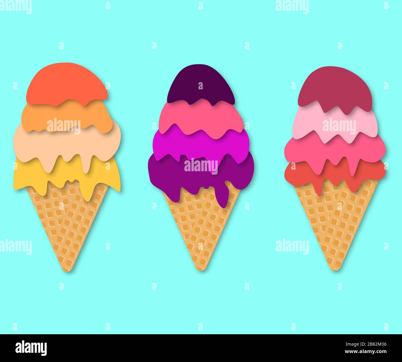 Set di coni gelato. vettore 3d. Stile di taglio della carta. Dessert estivo. Collezione di gelati Illustrazione Vettoriale