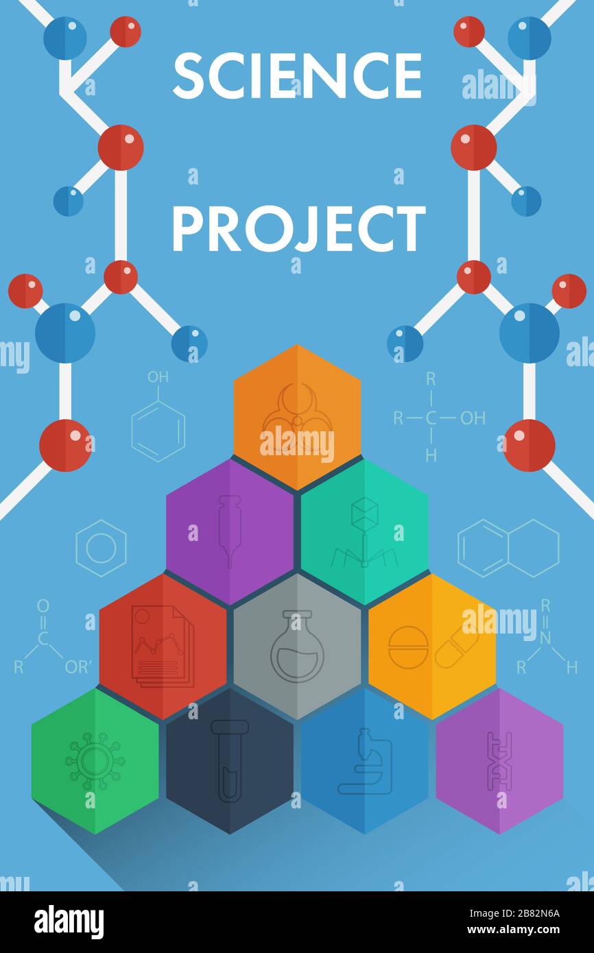 Disegno di poster scientifici con struttura molecolare e icona di contorno. Illustrazione Vettoriale