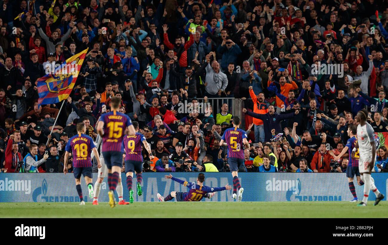 BARCELLONA, SPAGNA - 01 MAGGIO: Lionel messi del FC Barcelona festeggia il suo primo gol durante la semifinale della UEFA Champions League Foto Stock