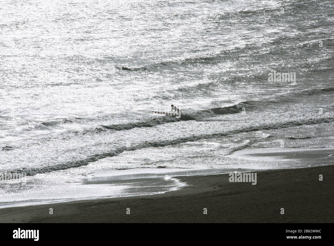 Surfista in mare con scintillante riflessione della luce del sole sulla superficie del mare Foto Stock