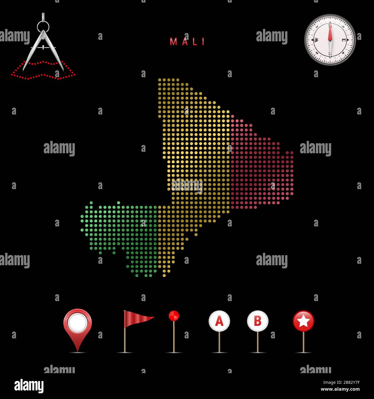 Mappa punteggiata del Mali dipinta nei colori della bandiera nazionale del Mali. Effetto flag ondulazione. Strumenti mappa, insieme di icone cartografiche. Illustrazione vettoriale Illustrazione Vettoriale