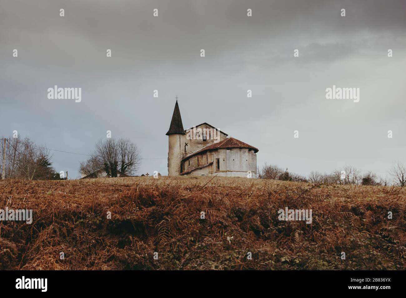 Una piccola chiesa circondata da campi agricoli, a Saint-Martin-de-Hinx, un comune nel dipartimento delle Lande, regione Nouvelle-Aquitaine di Francia. Foto Stock