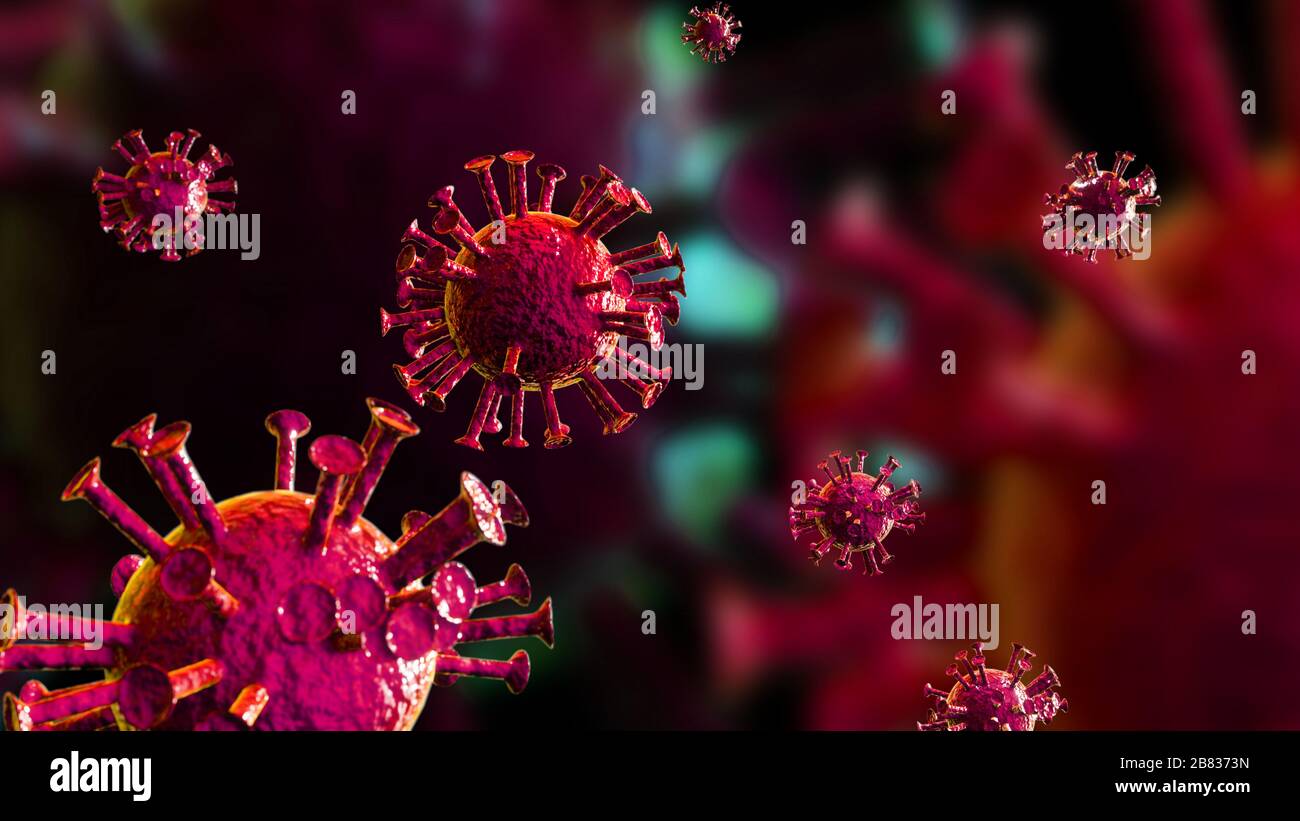 Corona Virus COVID -19. microbo di rendering 3d su sfondo rosso. Germe patogeno, microvirologia infettiva Foto Stock