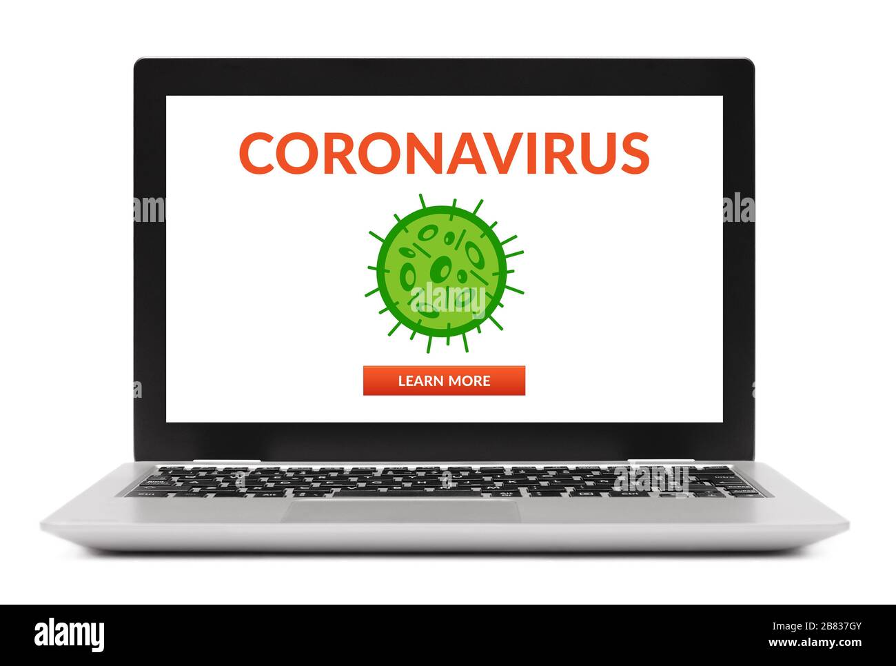Coronavirus, concetto covid-19 sullo schermo del computer portatile. Distanza sociale. Isolato su sfondo bianco. Foto Stock