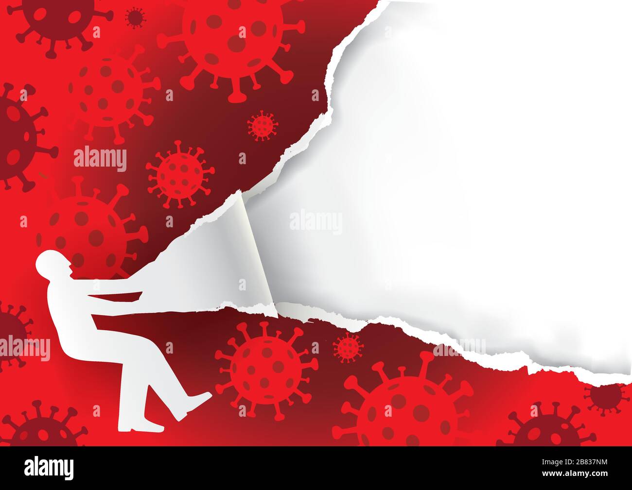 Uomo strappato carta con sfondo segno Coronavirus. Modello espressivo per l'annuncio, poster per l'epidemia di coronavirus theme.Vector disponibile. Illustrazione Vettoriale