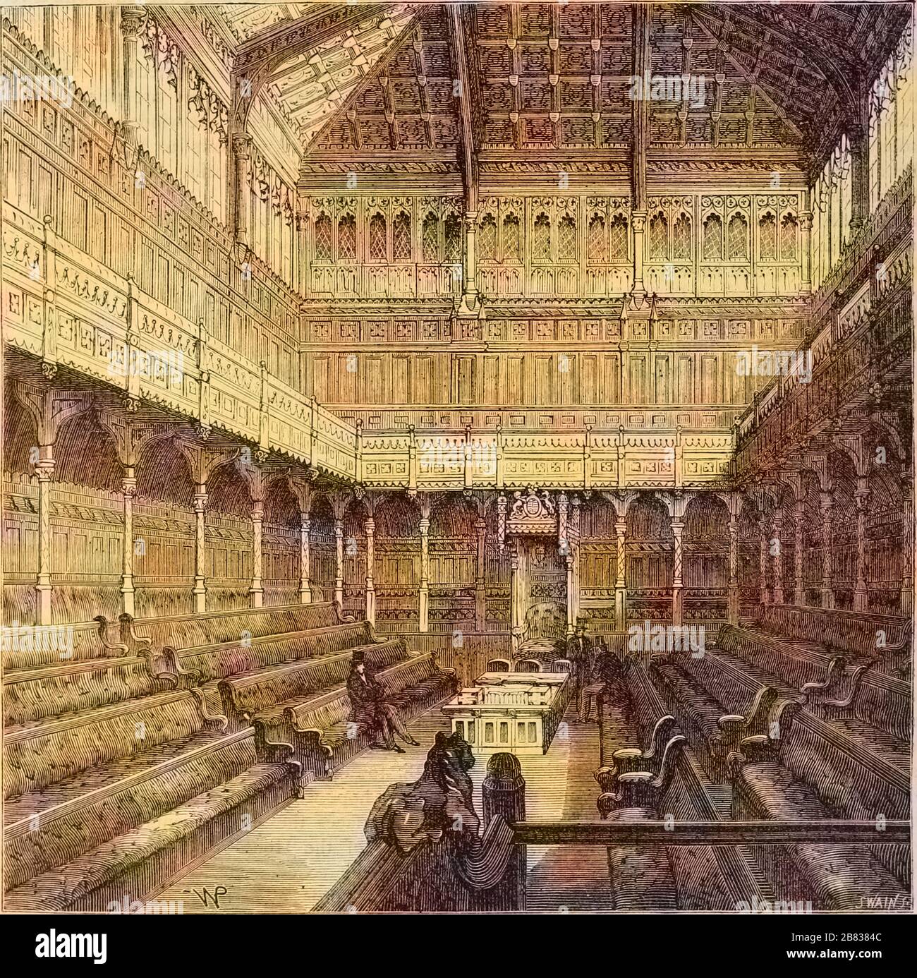 Incisione dell'interno della House of Commons a Westminster, Londra, Inghilterra, dal libro 'Old and New London: A narrative of its history, its people, and its Places' di Thornbury Walter, 1873. Cortesia Internet Archive. Nota: L'immagine è stata colorata digitalmente utilizzando un processo moderno. I colori potrebbero non essere precisi in termini di periodo. () Foto Stock