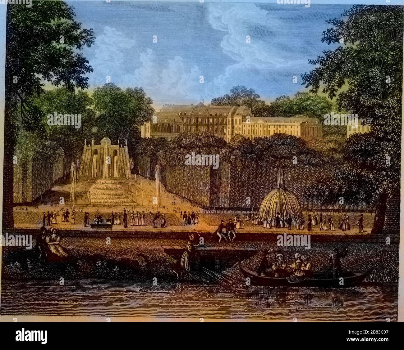 Incisione dello Chateau de Saint Cloud, palazzo del re di Francia, Parigi, Francia, dal libro 'il mondo della moda e feuilletons continentali' pubblicato da John Bell, 1824. Cortesia Internet Archive. Nota: L'immagine è stata colorata digitalmente utilizzando un processo moderno. I colori potrebbero non essere precisi in termini di periodo. () Foto Stock