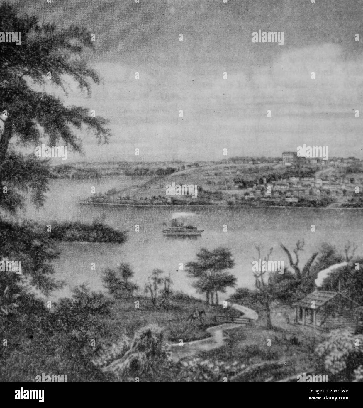 Illustrazione di Nauvoo, Illinois lungo il fiume Mississippi, 1844. Cortesia Internet Archive. () Foto Stock