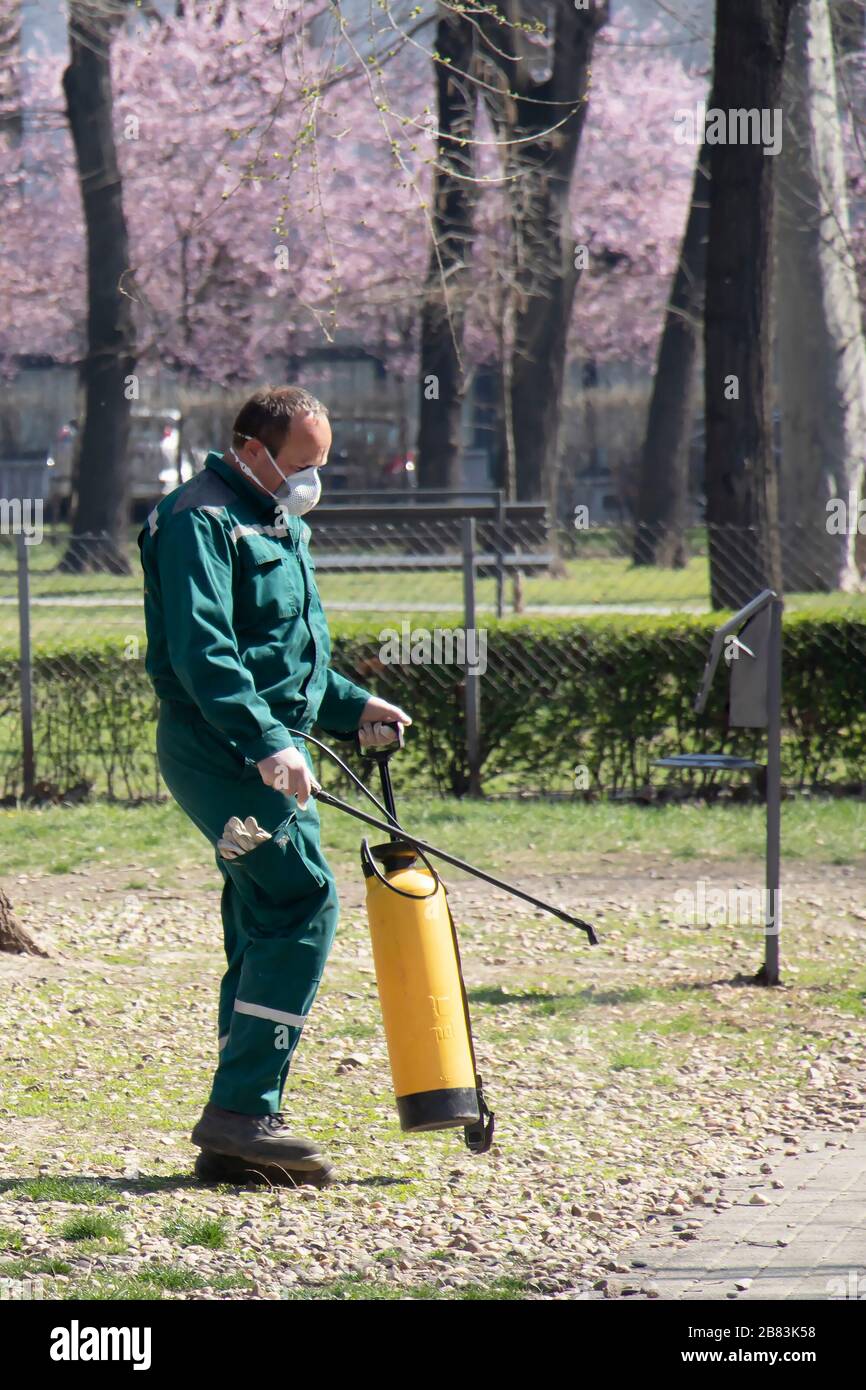 Belgrado, Serbia - 19 marzo 2020: Lavoratore della città verde che fa la disinfezione del parco all'aperto spray per la prevenzione della diffusione del virus Corona Foto Stock
