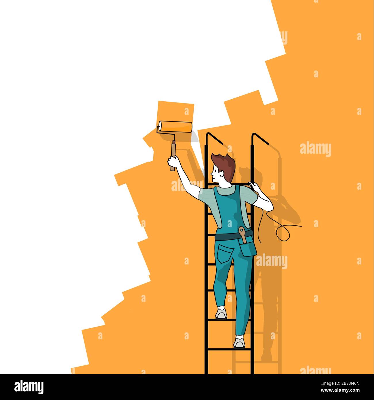 Un uomo su una scala che dipinge un muro di un colore diverso. Illustrazione vettoriale del concetto di persone. Illustrazione Vettoriale