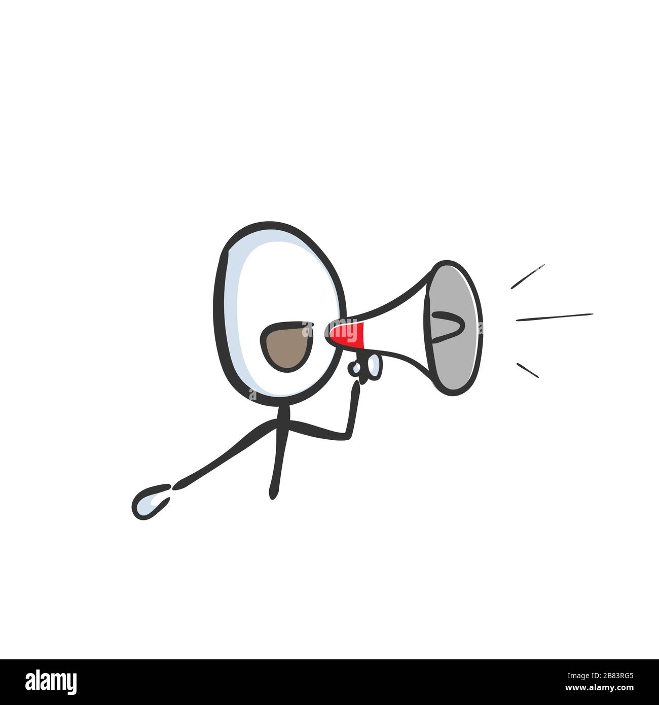 Megaphone annuncio altoparlante alto. bullhorn grida. Messaggio hailer forte. Disegnato a mano. Cartoon Stickman. Schizzo di Doodle, illustrazione grafica vettoriale Illustrazione Vettoriale