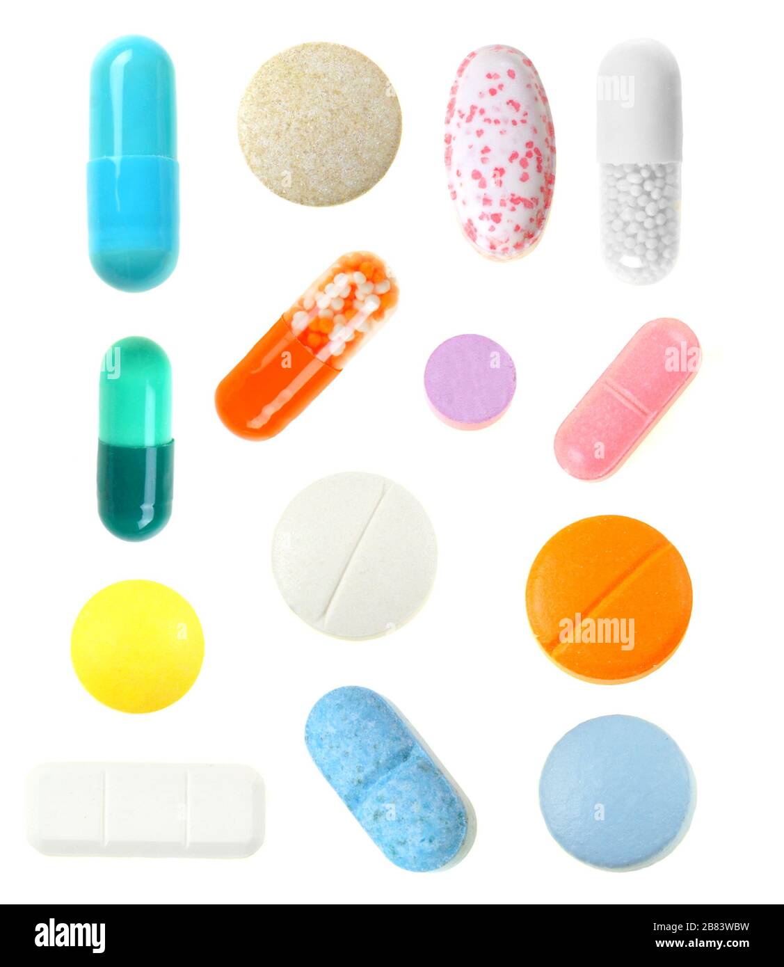 Raggruppa pillole uniche isolate individualmente su uno sfondo bianco Foto Stock