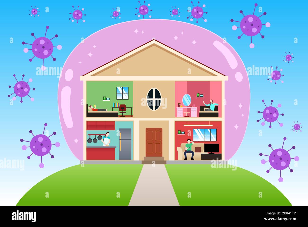 Un'illustrazione vettoriale della quarantena a casa durante il concetto pandemico Illustrazione Vettoriale