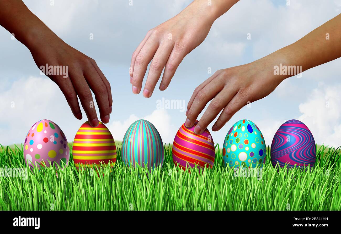 L'uovo di Pasqua caccia mani diverse con uova di pasqua in fila seduto su erba verde come simbolo della primavera e la decorazione di una vacanza e l'elemento di design. Foto Stock