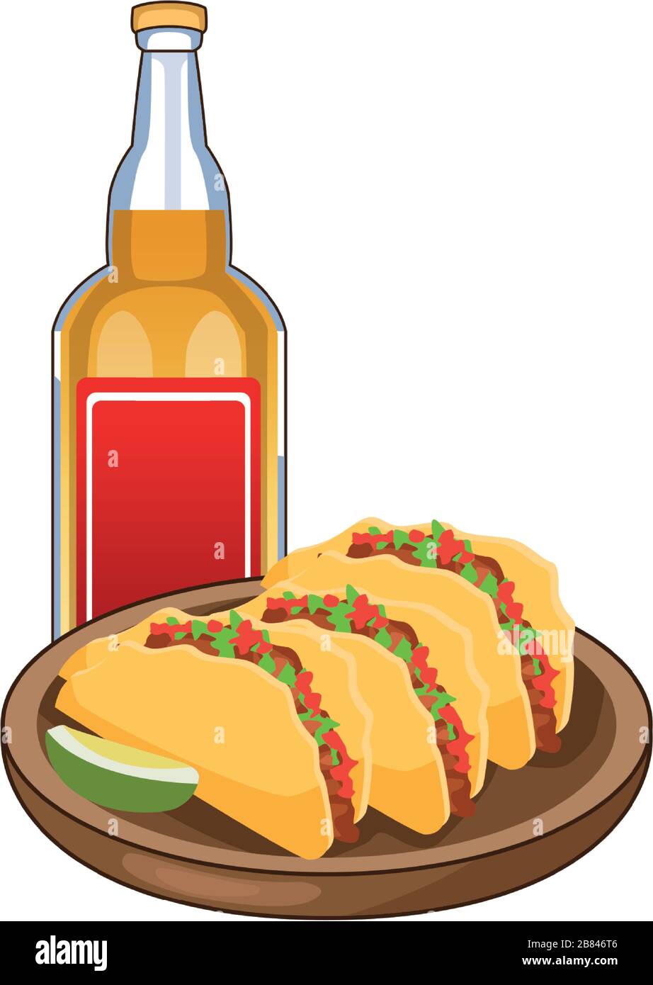 bottiglia di tequila e tacos icone messicane Illustrazione Vettoriale