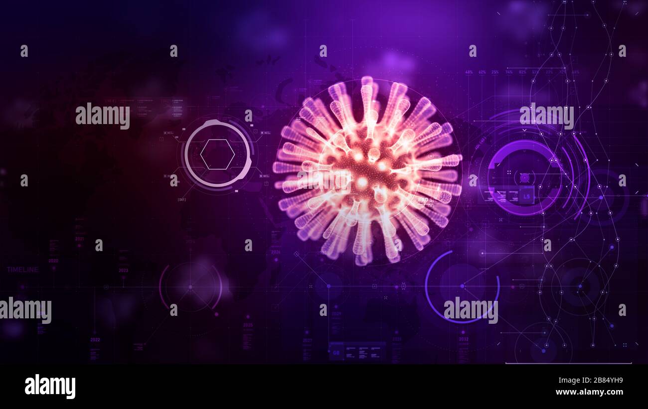3D rendering wireframe virus per Covid-19 concetto di focolaio di coronavirus, con struttura chimica di base, 3D medico del virus dell'influenza fluttuante ce Foto Stock