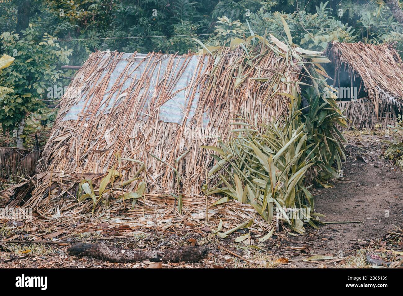 Rifugio primitivo per i pescatori sull'isola di Masoala, Madagascar Foto Stock