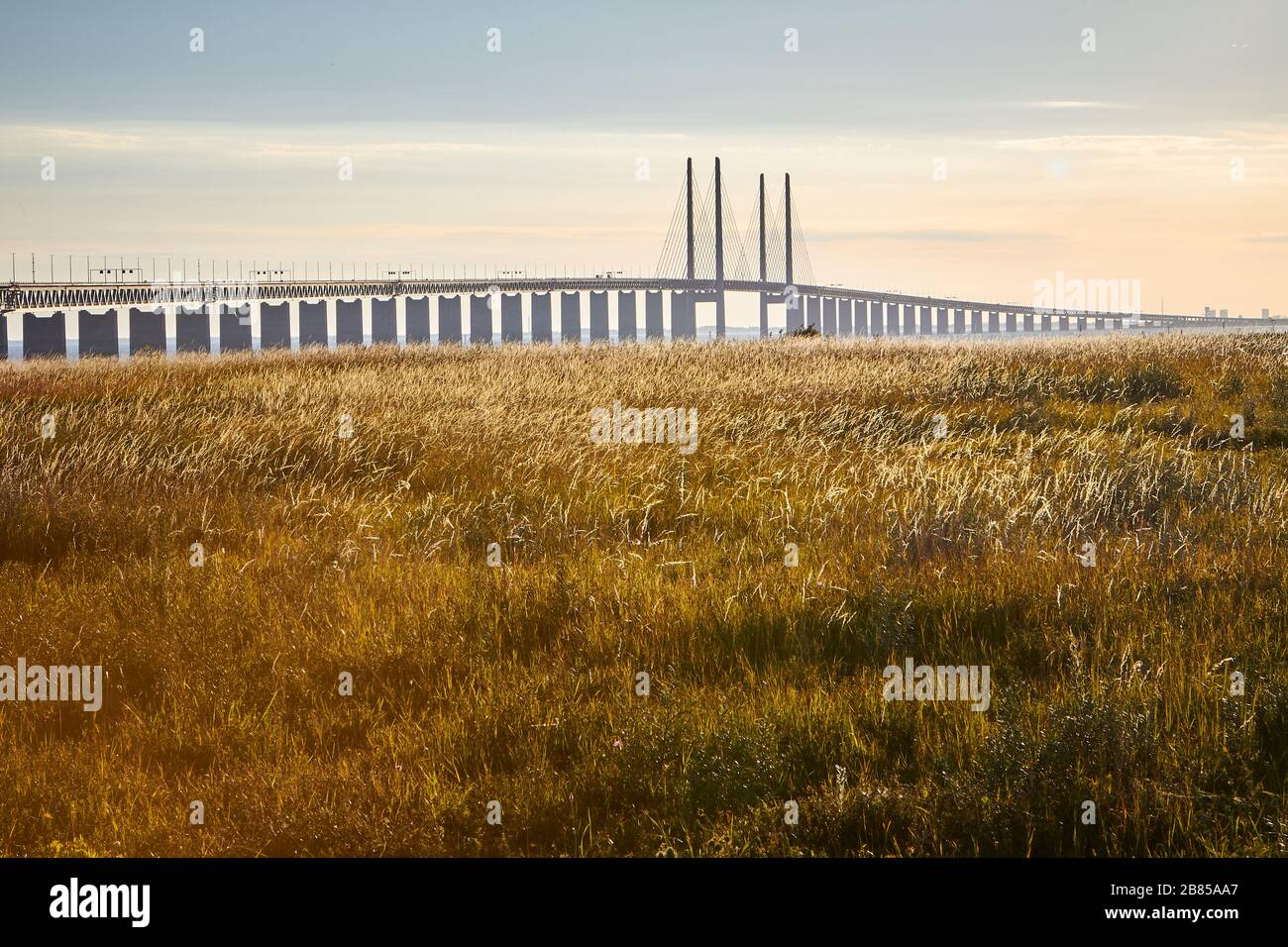 Il ponte Öresund (ponte Oresund) è un ponte combinato ferroviario e autostradale che attraversa lo stretto Oresund tra la Svezia e la Danimarca (Malmo e Copenaghen). Foto Stock