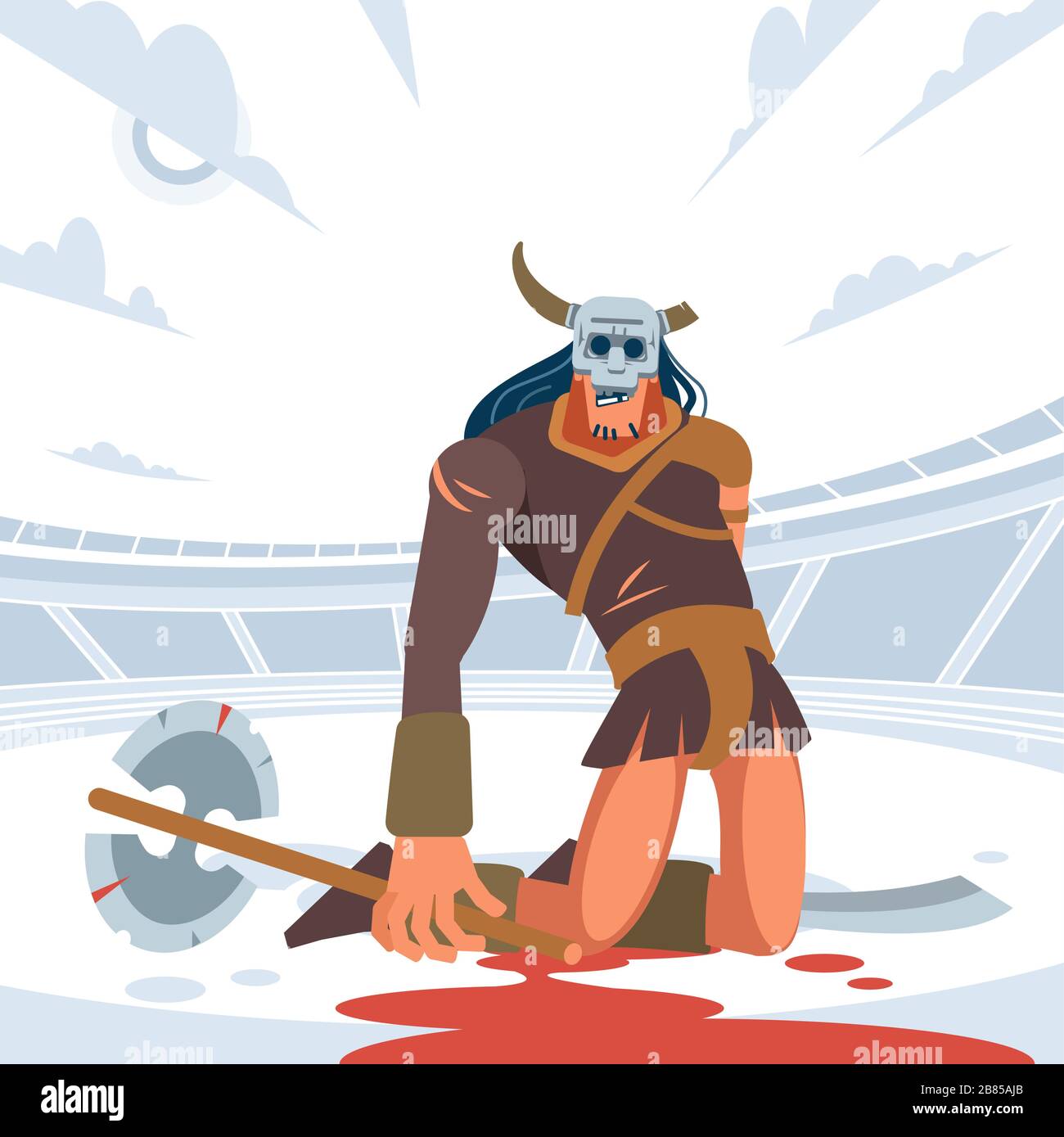 Gladiatore gigante perso in combattimento gladiatoriale. Illustrazione isolata dal vettore. Stile cartoon piatto Illustrazione Vettoriale