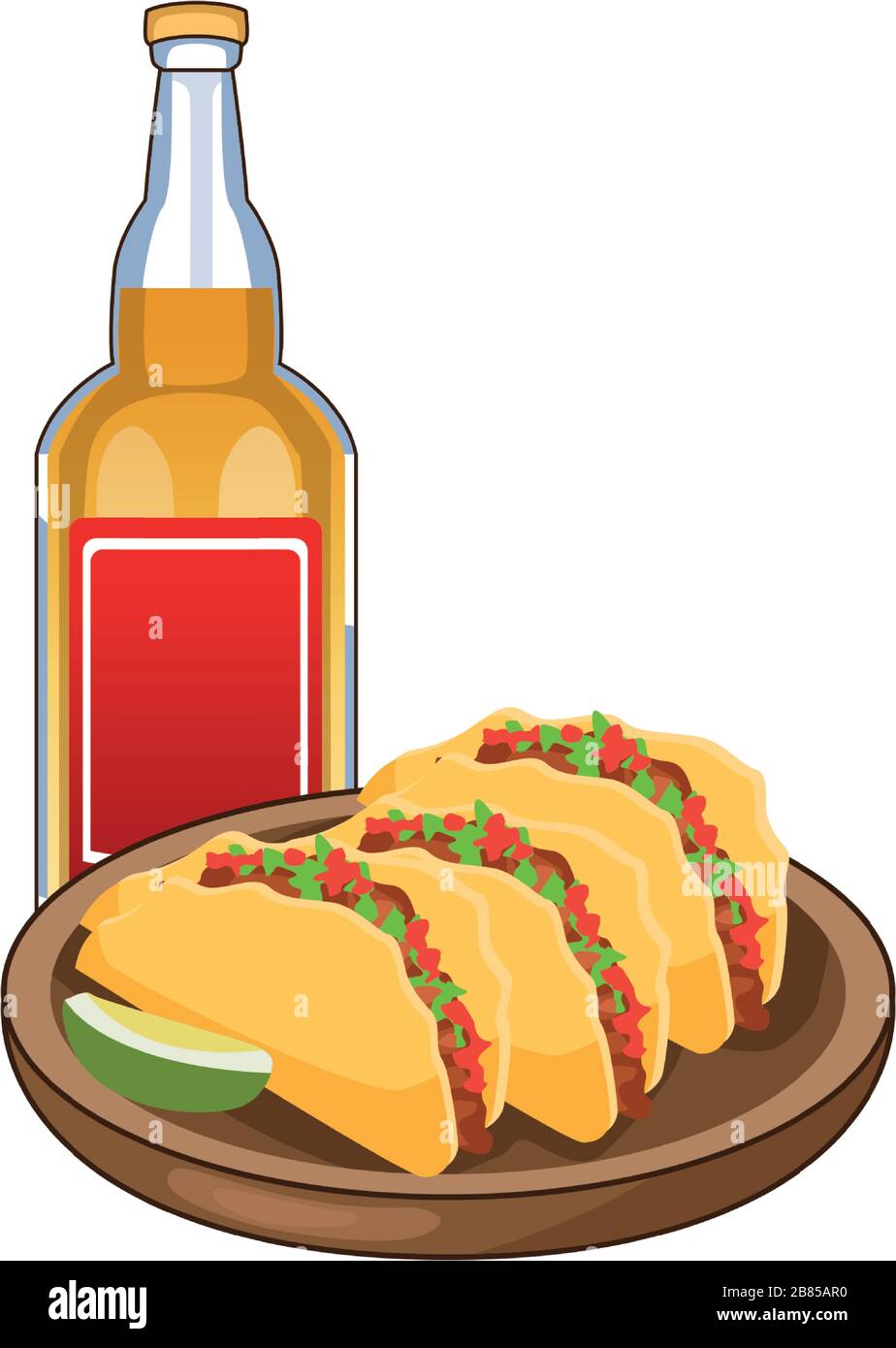 bottiglia di tequila e tacos icone messicane Illustrazione Vettoriale