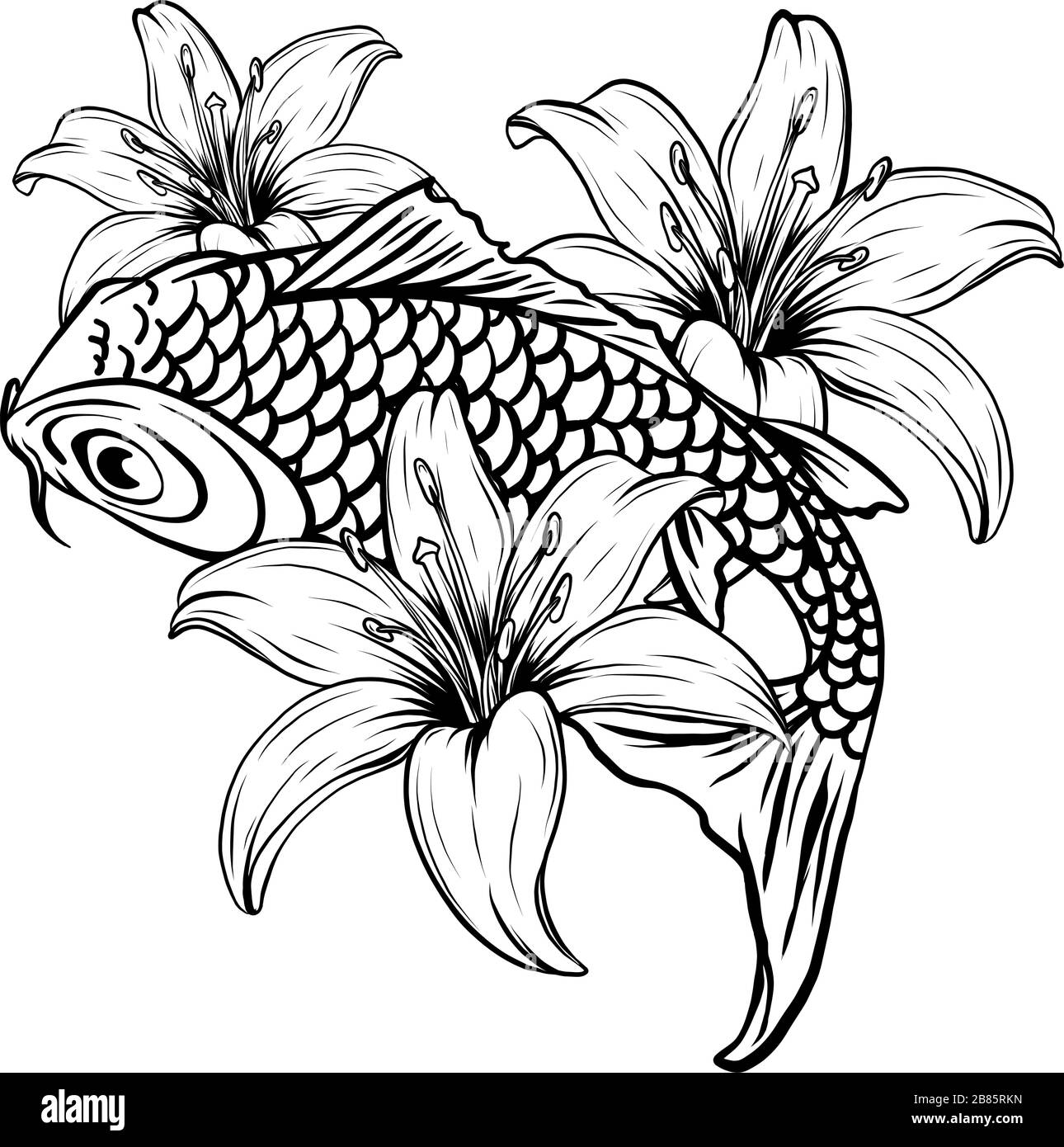Illustrazione del pesce koi. Vettore di disegno. Illustrazione vettoriale motivo giapponese. Sfondo giapponese. Mano disegnata del giappone. Illustrazione Vettoriale