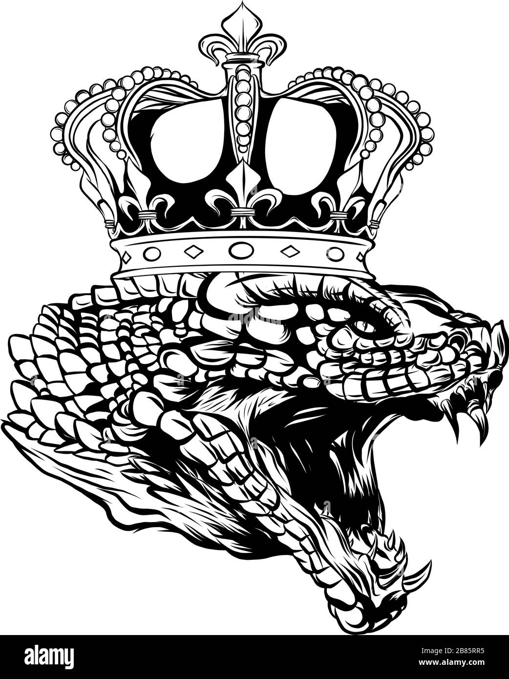Disegnate a mano vintage Snake con corona tattoo arte. Illustrazione di vettore isolato. Età di design in stile lineare. Illustrazione Vettoriale