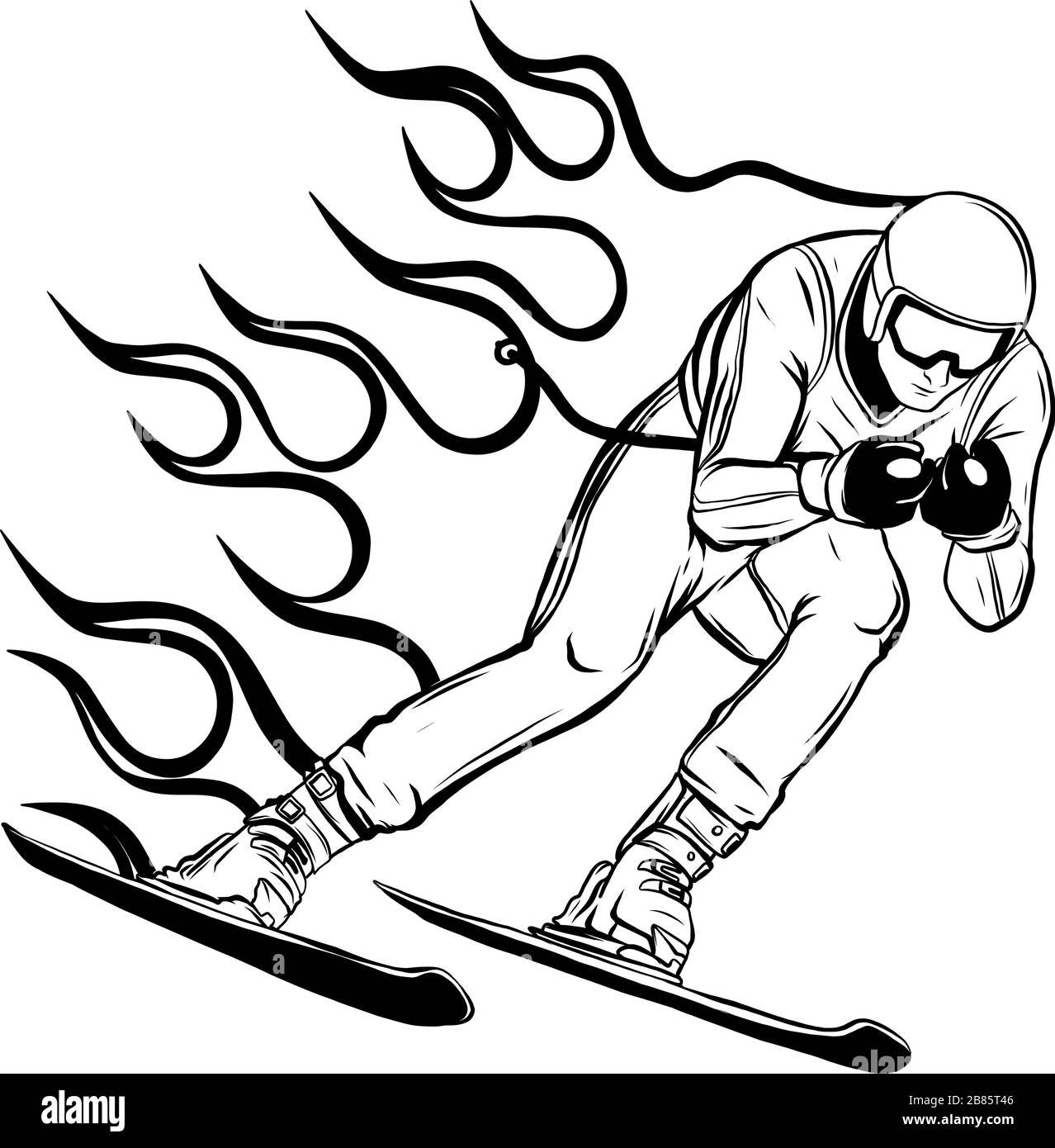 Disegno grafico del vettore di incendio con corvo di snowboarder Illustrazione Vettoriale