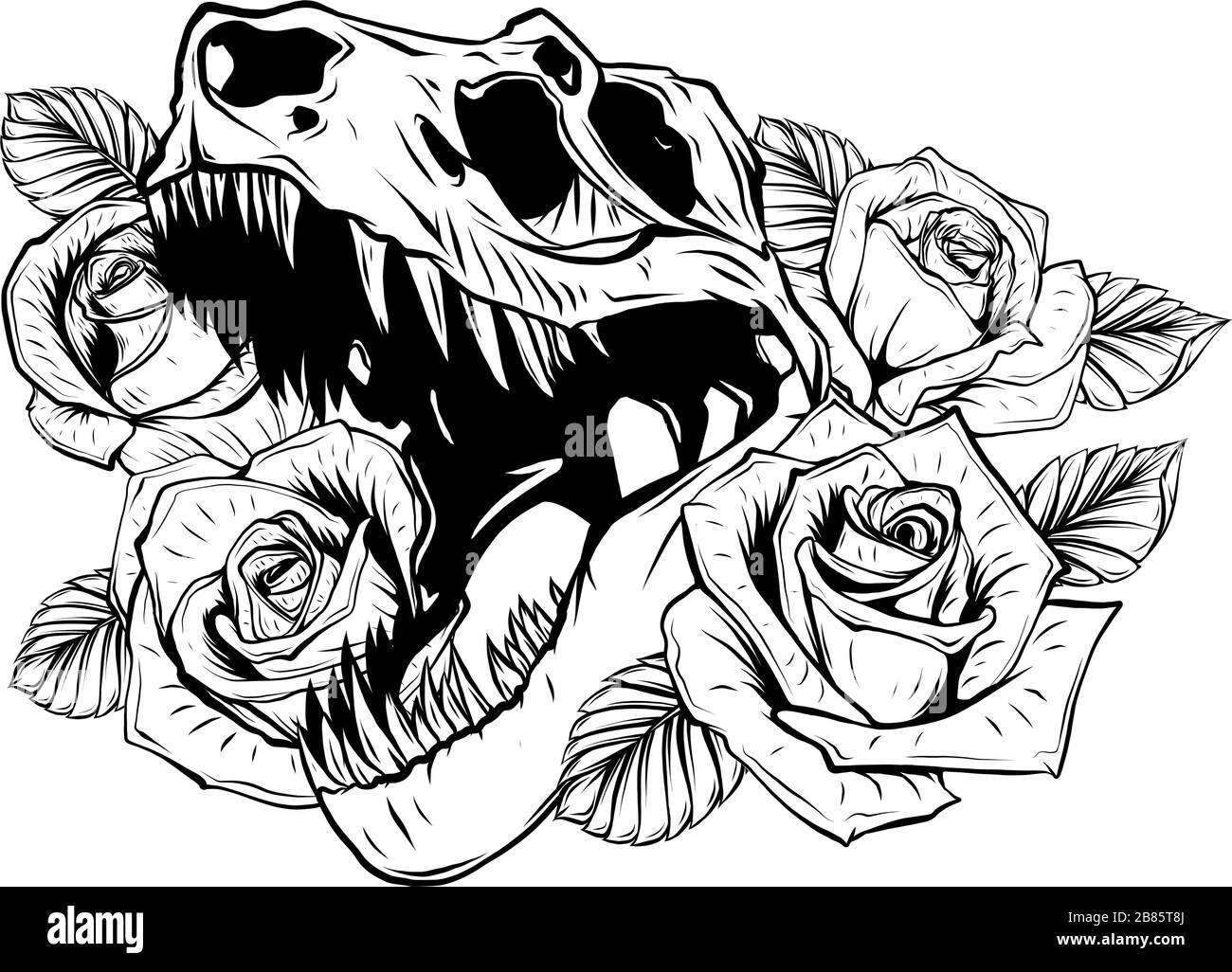 Disegno dettagliato dello stile di schizzo del tirannosauro ruggente rex e della cornice delle rose. Design tatuato. Illustrazione Vettoriale