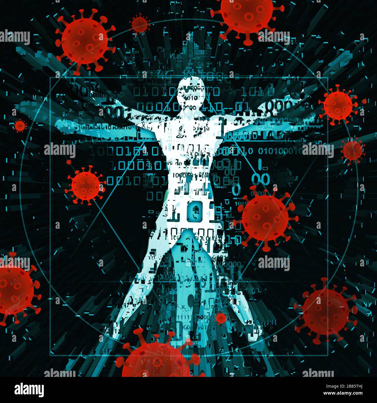 Uomo vitruviano di età moderna, vittima della pandemia di coronavirus. Illustrazione dell'uomo vitruviano con numeri digitali e simboli di coronavirus. Foto Stock