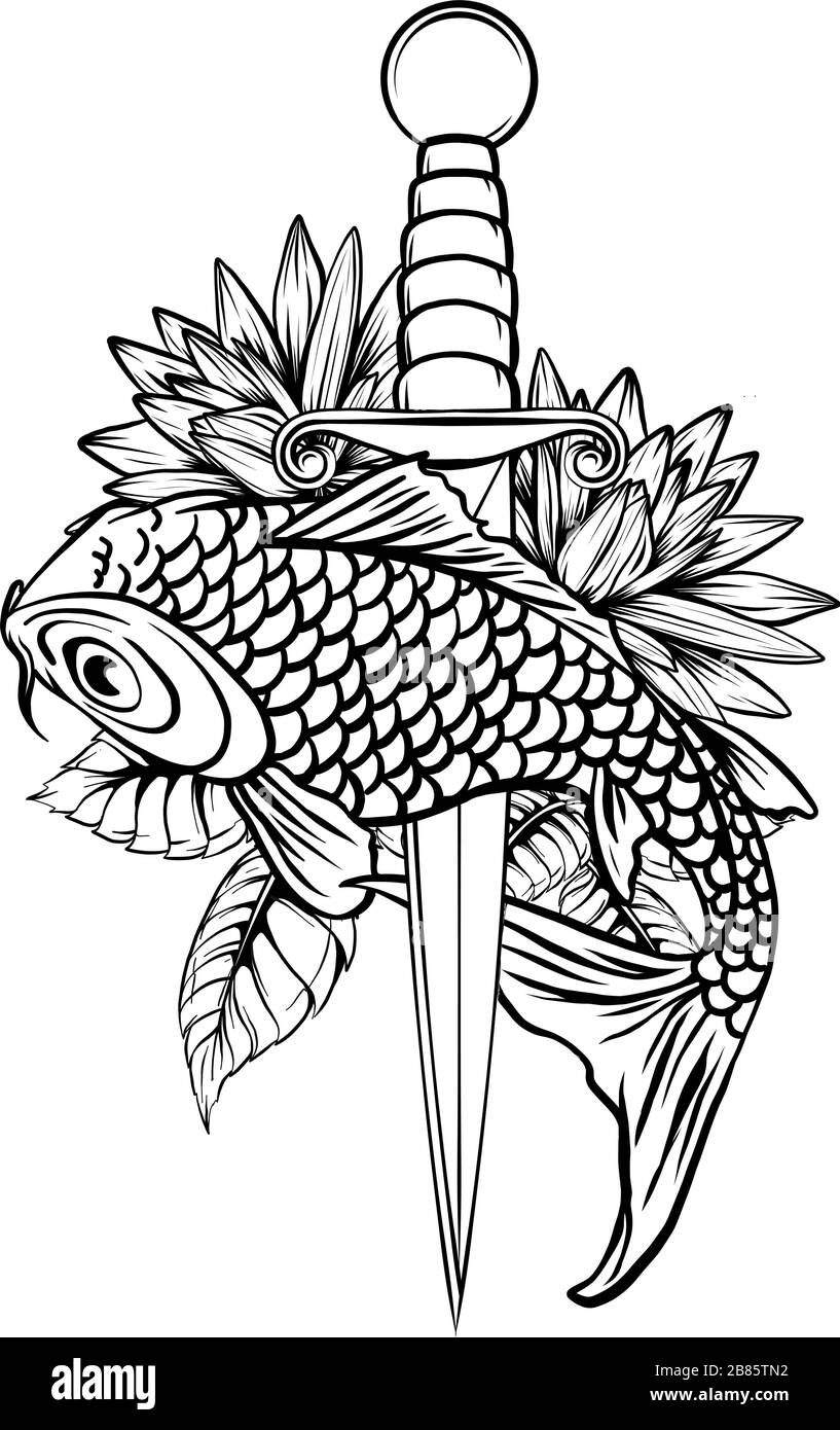 Illustrazione del pesce koi. Vettore di disegno. Illustrazione vettoriale motivo giapponese. Sfondo giapponese. Mano disegnata del giappone. Illustrazione Vettoriale
