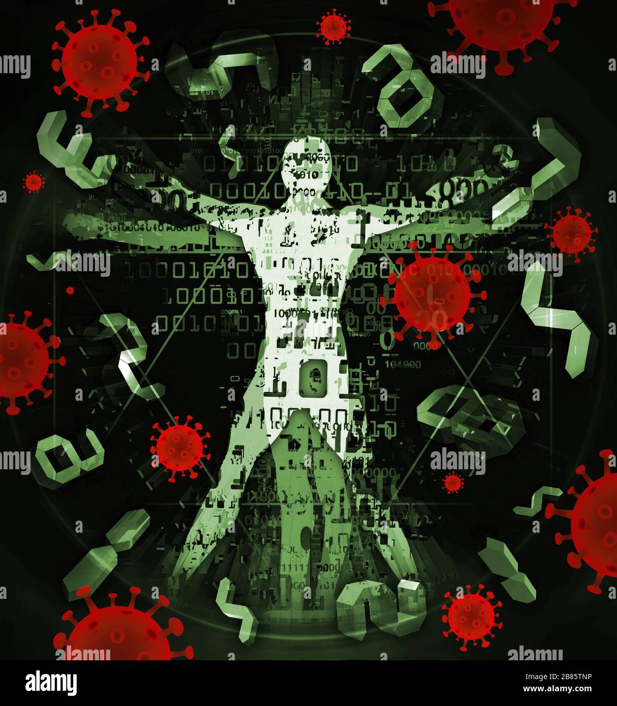 Uomo vitruviano di età moderna, vittima della pandemia di coronavirus. Illustrazione dell'uomo vitruviano con codici binari, numeri digitali e coronavirus. Foto Stock