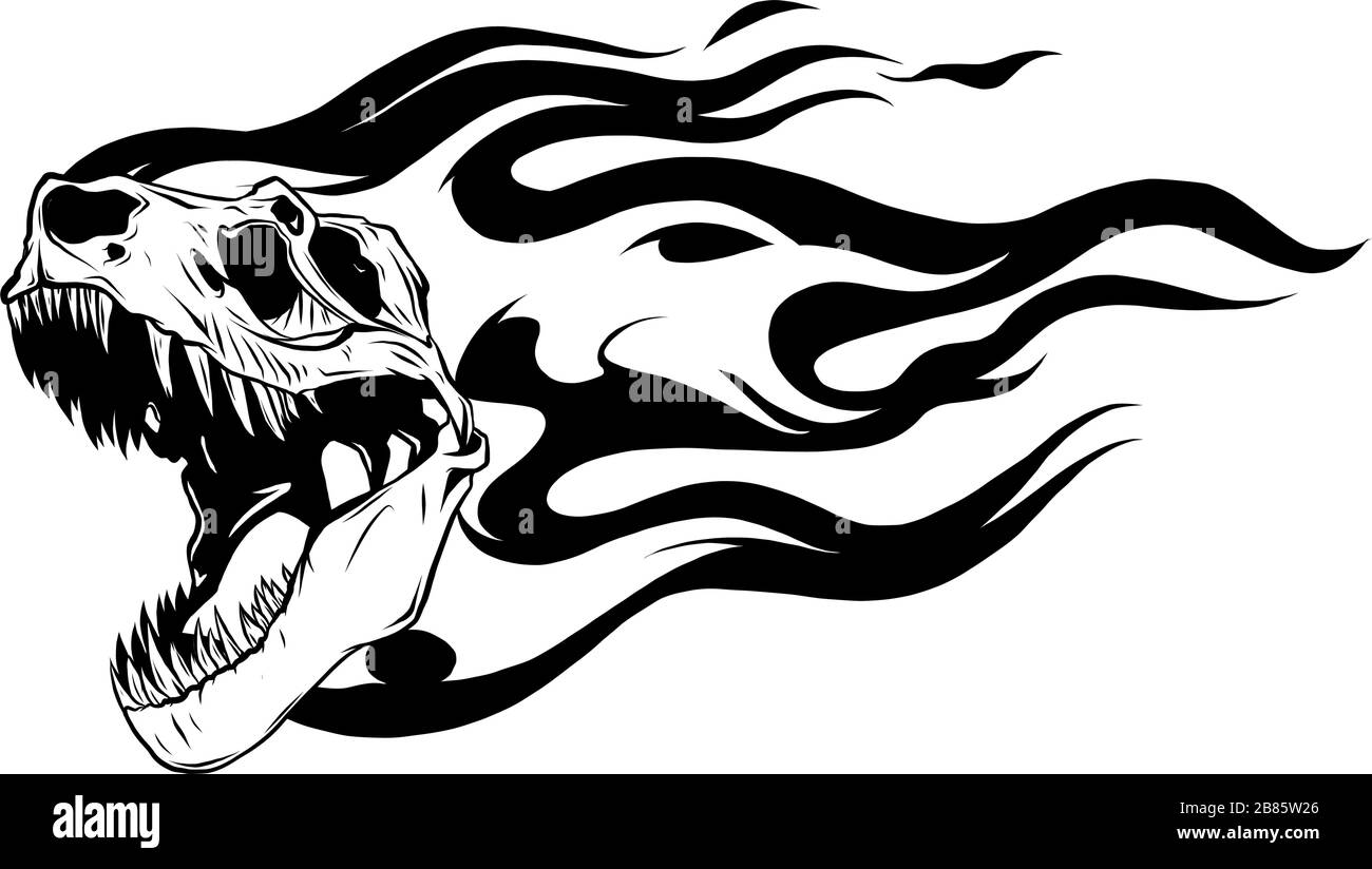 Scheletro vettoriale di Tyrannosaurus rex con fiamme su sfondo isolato . Illustrazione Vettoriale