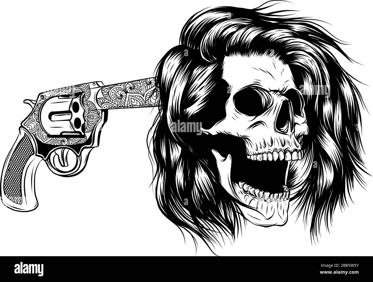 Cranio sorridente con revolver per disegno tatuaggio. Vettore Illustrazione Vettoriale