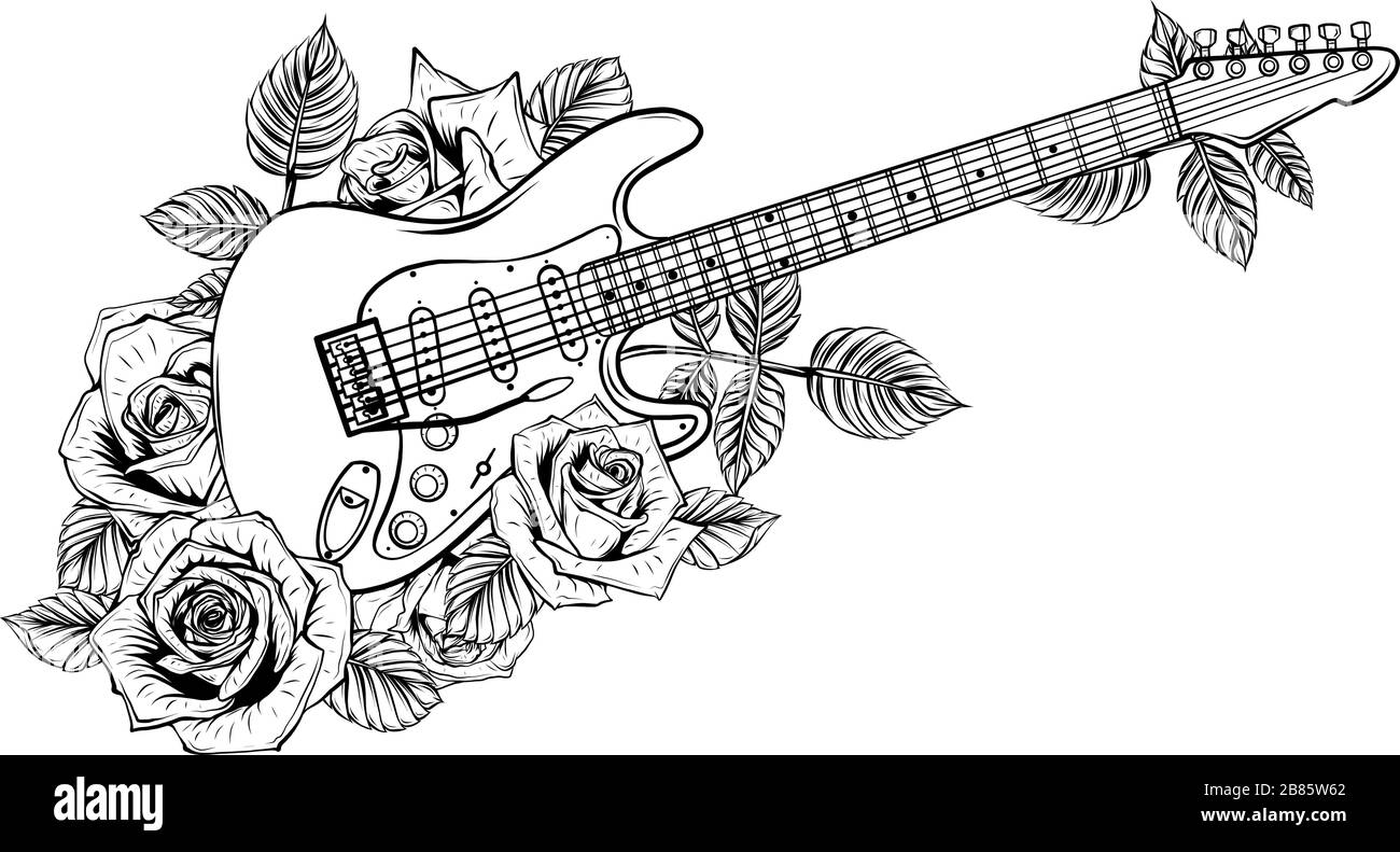 Chitarra elettrica, rose e note musicali. Vettore Illustrazione Vettoriale