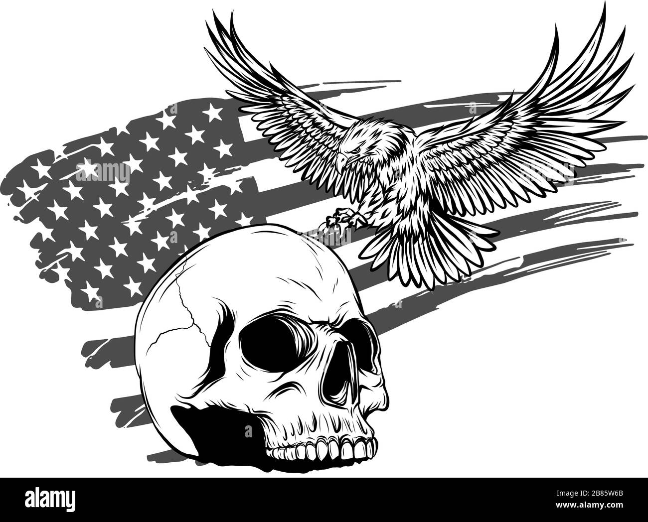 Disegnare del cranio e bandiera stati uniti d'America. Illustrazione Vettoriale. Illustrazione Vettoriale