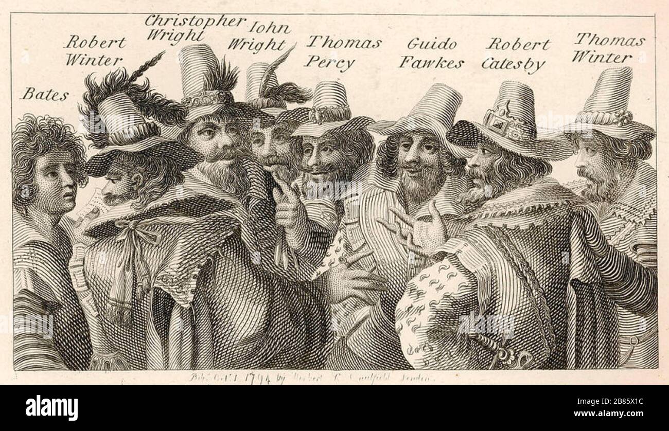 GRAFICO GUNPOWER 1605. Incisione di alcuni dei plotter di Crispijn van de Passe (c 1564-1637) Foto Stock