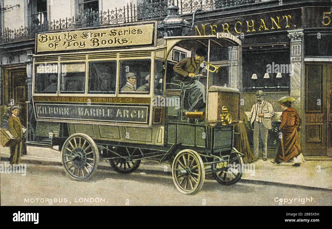 LONDON GENERAL OMNIBUS COMPANY - LGOC X-TYPE bus circa 1910 che va da Kilburn a Marble Arch Foto Stock