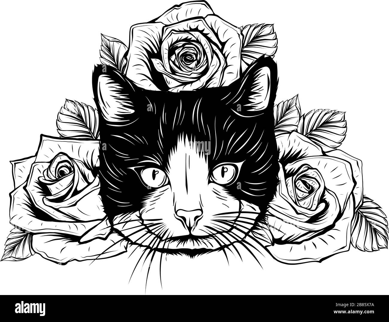 Ritratto disegnato a mano di gatto con corona floreale. Illustrazione Vettoriale