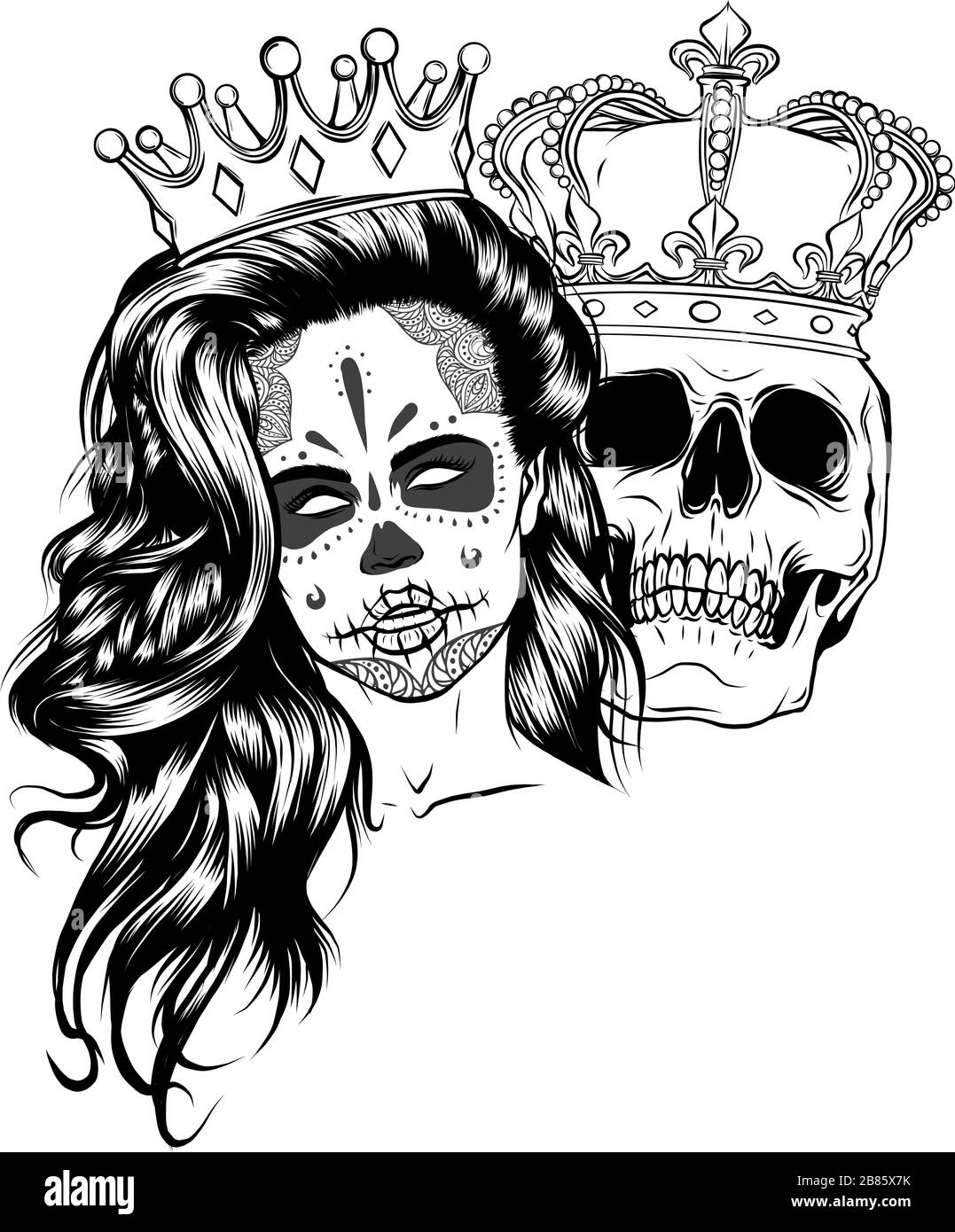 Tatuaggio di re e regina della morte. Ritratto di un cranio con una corona. Illustrazione Vettoriale