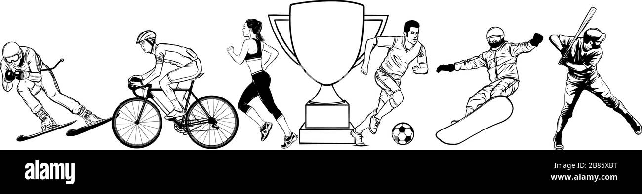 Colore sfondo sportivo. Calcio, basket, hockey, box, golf, tennis. Illustrazione Vettoriale