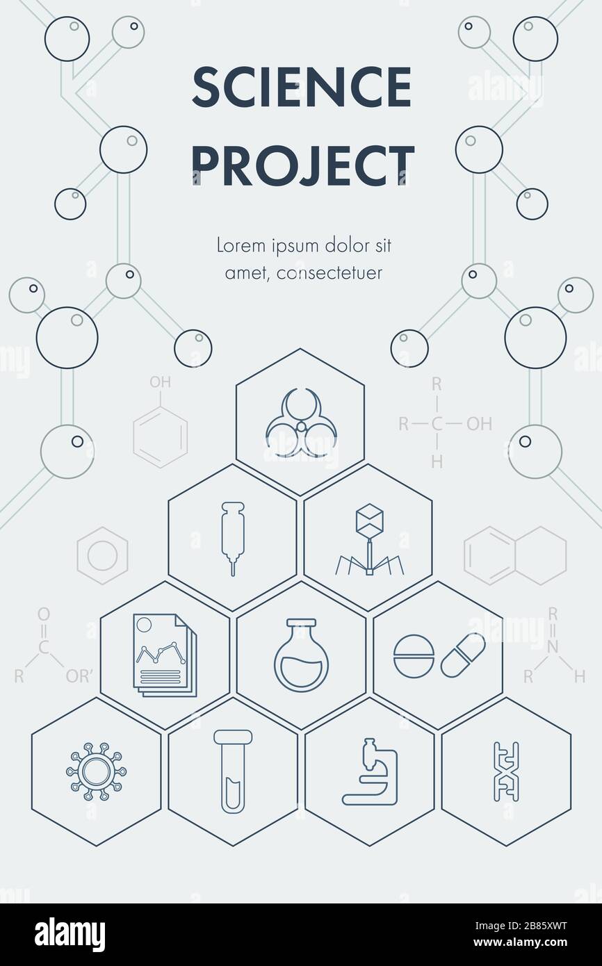 Schema di poster scientifico e design monocromatico con struttura molecolare, formula chimica organica e icona medica. Illustrazione Vettoriale