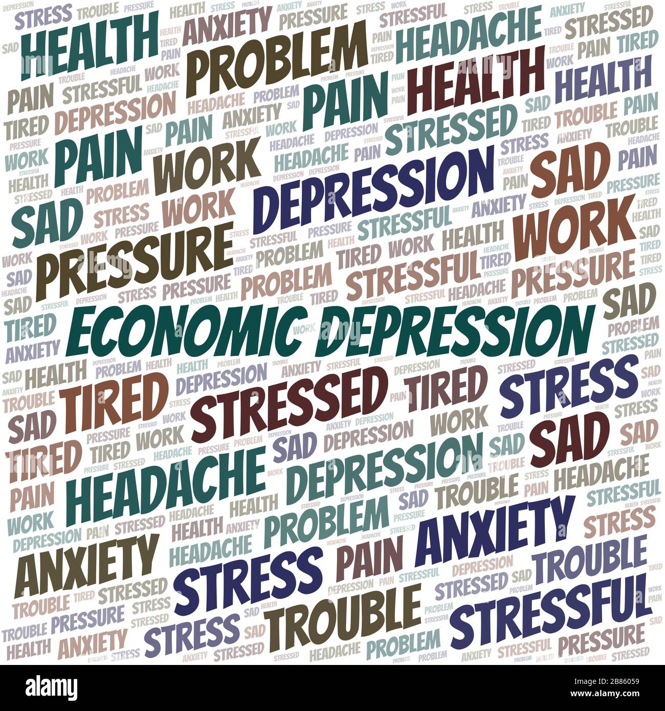 Depressione economica nuvola di parole. Wordcloud realizzato solo con testo. Illustrazione Vettoriale