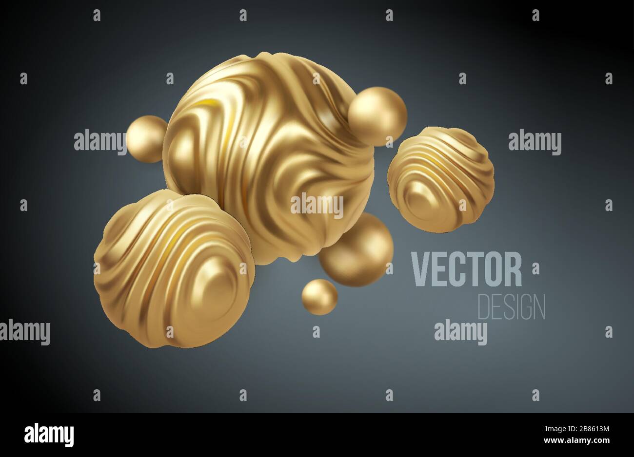 Golden Metal Organic Shape 3d sfera sfondo. Trend design per pagine web, poster, volantini, opuscoli, copertine di riviste, presentazioni. Vettore Illustrazione Vettoriale