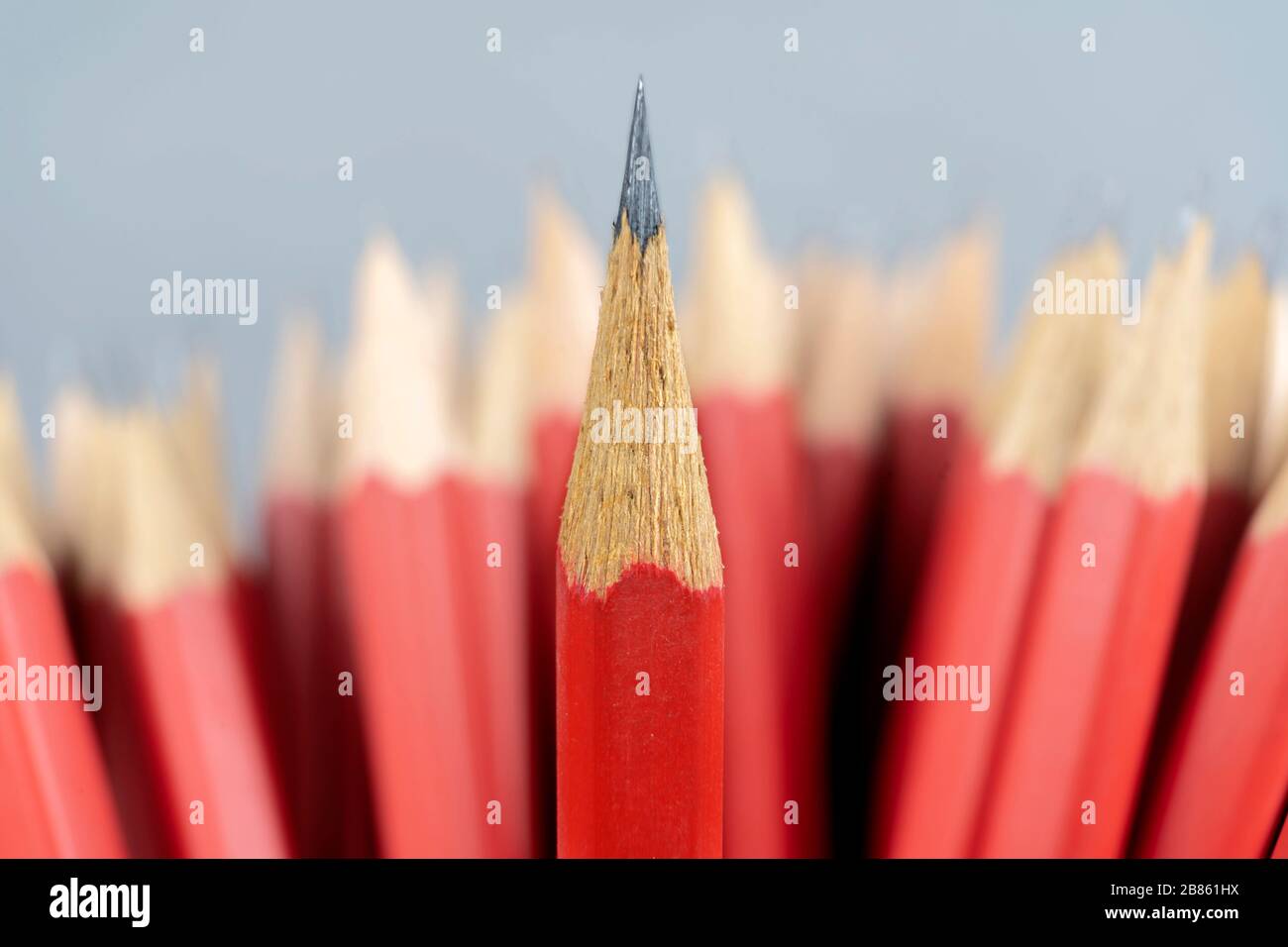 Leadership leader di successo del team (manager, CEO, leader di mercato) e altri concetti di business leader. In piedi fuori dalla folla. Matita rossa che re Foto Stock