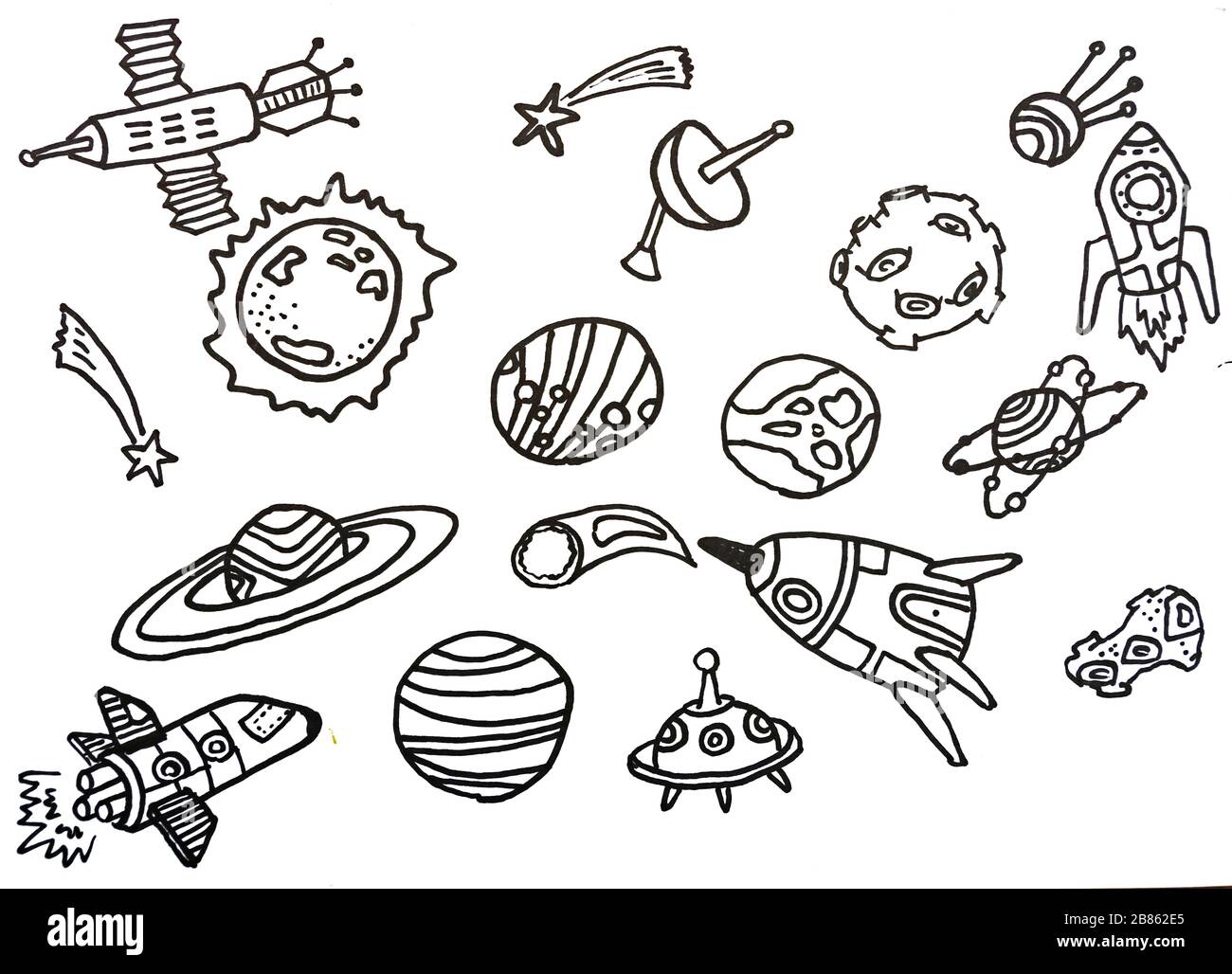 Attingendo al concetto scientifico. Razzi, meteoriti, stelle, stelle, Korah, da utilizzare come materiale pubblicitario, illustrazioni, storie. Foto Stock